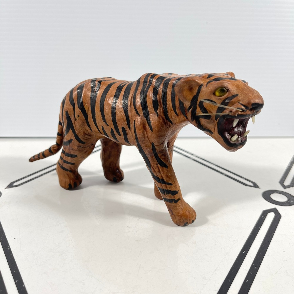 Vintage Handcrafted Leather Tiger Figurine Made in India Striped Animal Decor